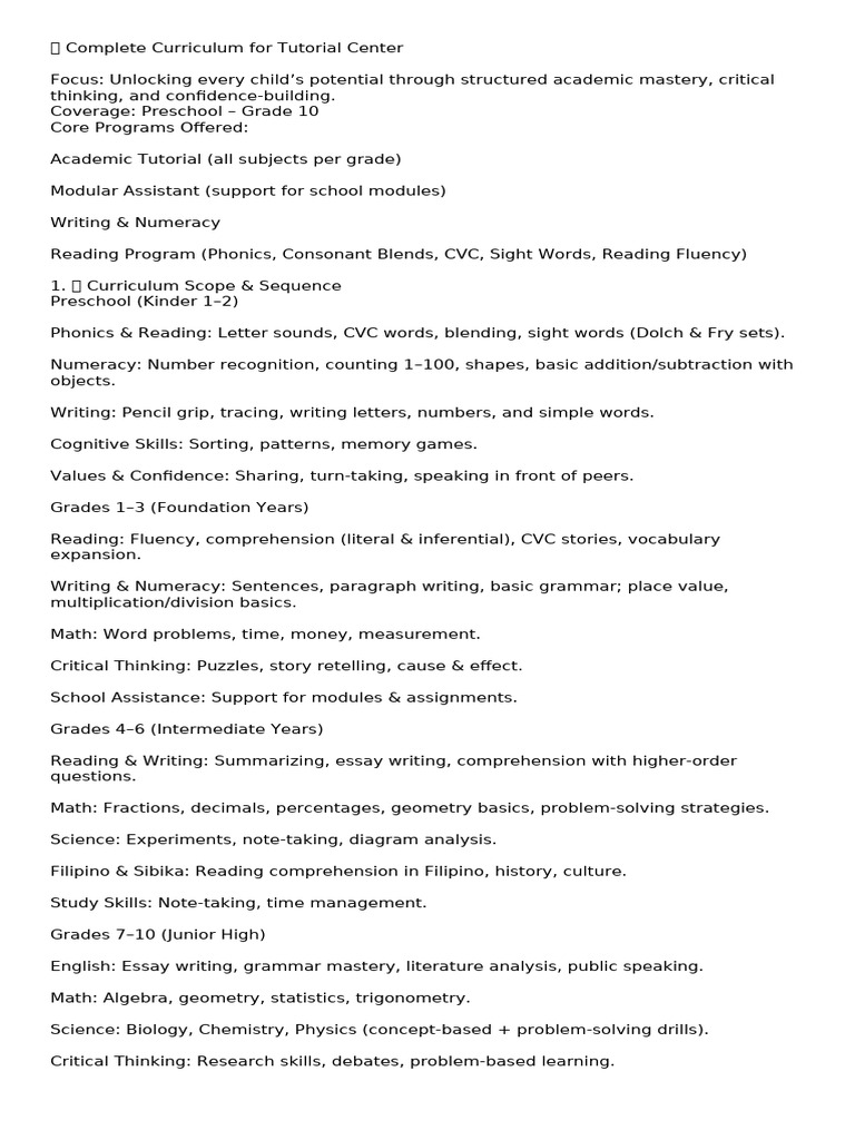? Complete Curriculum for Tutorial Center | PDF | Phonics | Learning