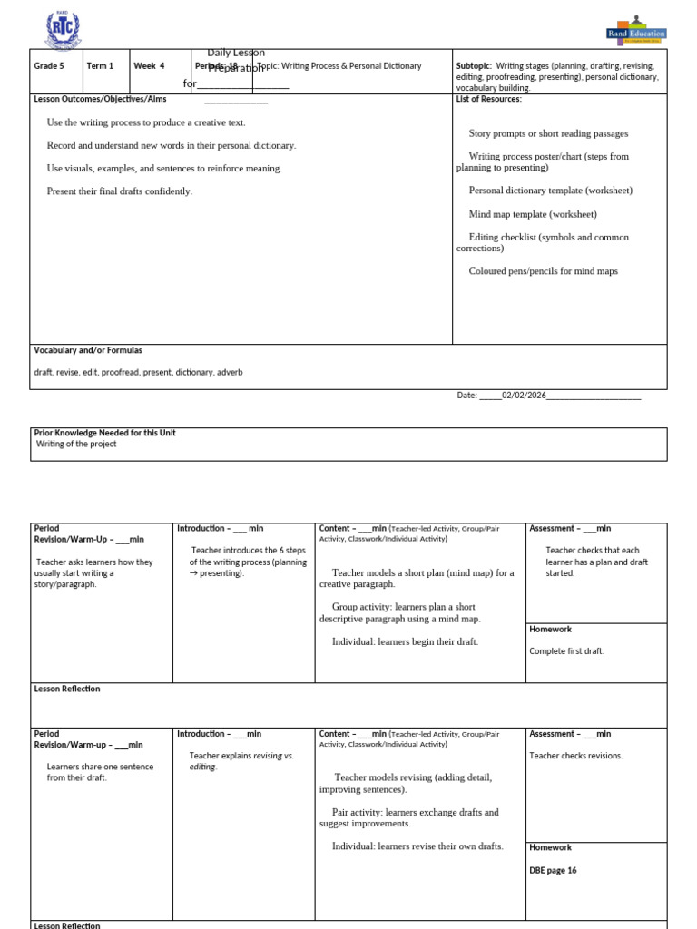 English Term 1 Week4. lesson plan | PDF | Linguistics | Cognition