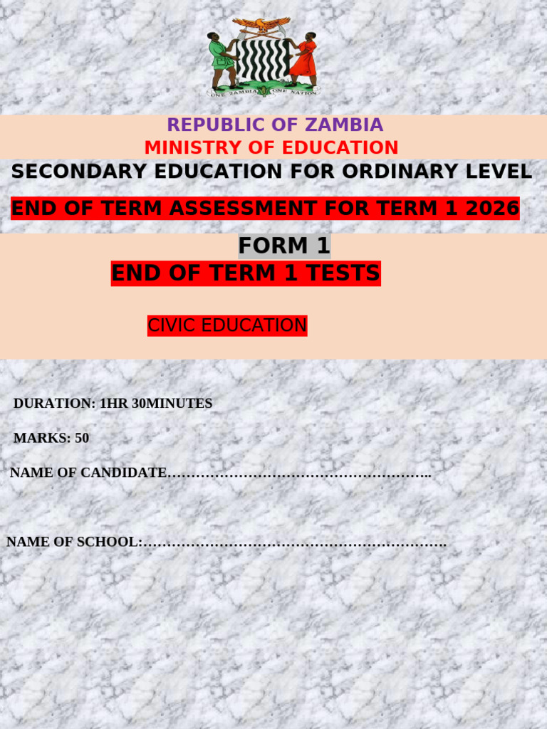 Form 1 Civic Education End of Term 1 Tests 2026 | PDF | Civics ...