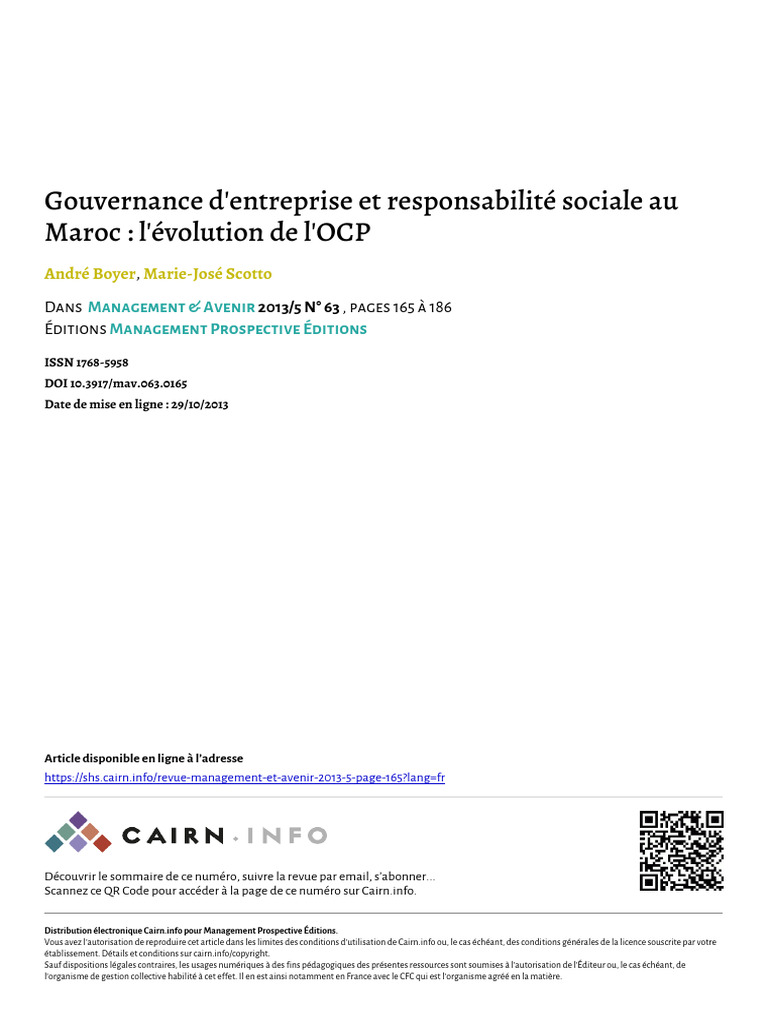 Boyer 2013 Gouvernance Dentreprise Et Responsabilite Sociale Au Maroc ...