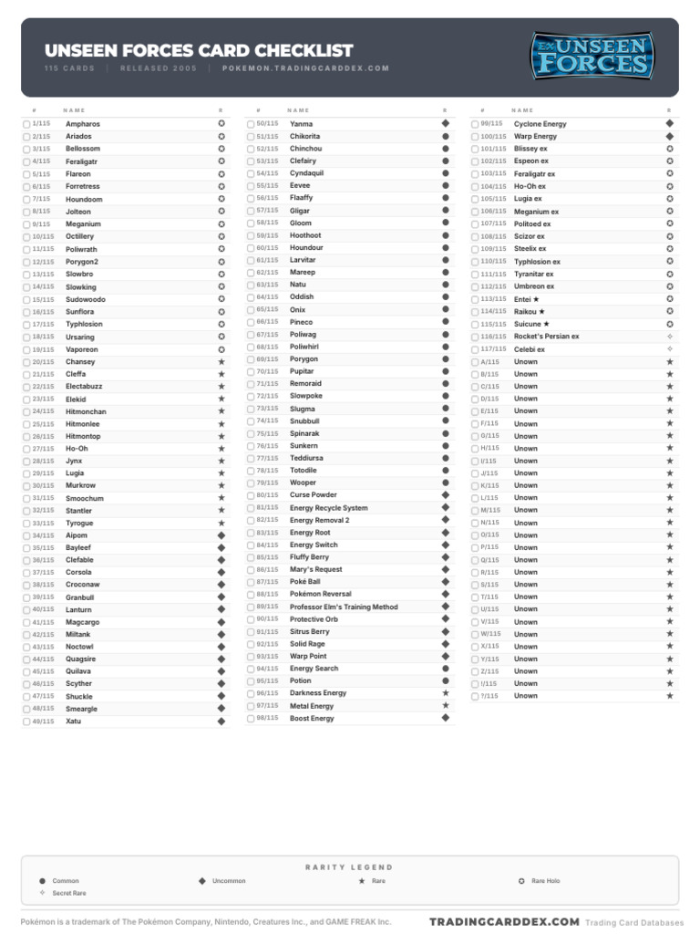 pokemon ex unseen forces card list Pokemon Unseen Forces Card Checklist | PDF | Video Game Development  Companies