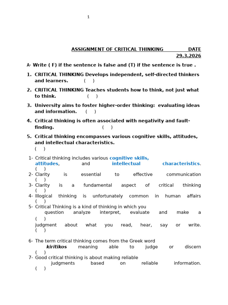 ASSIGNMENT OF CRITICAL THINKIG | PDF | Critical Thinking | Thought