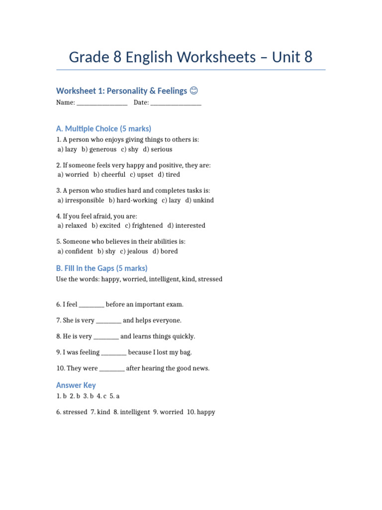 Grade 8 English Worksheets | PDF