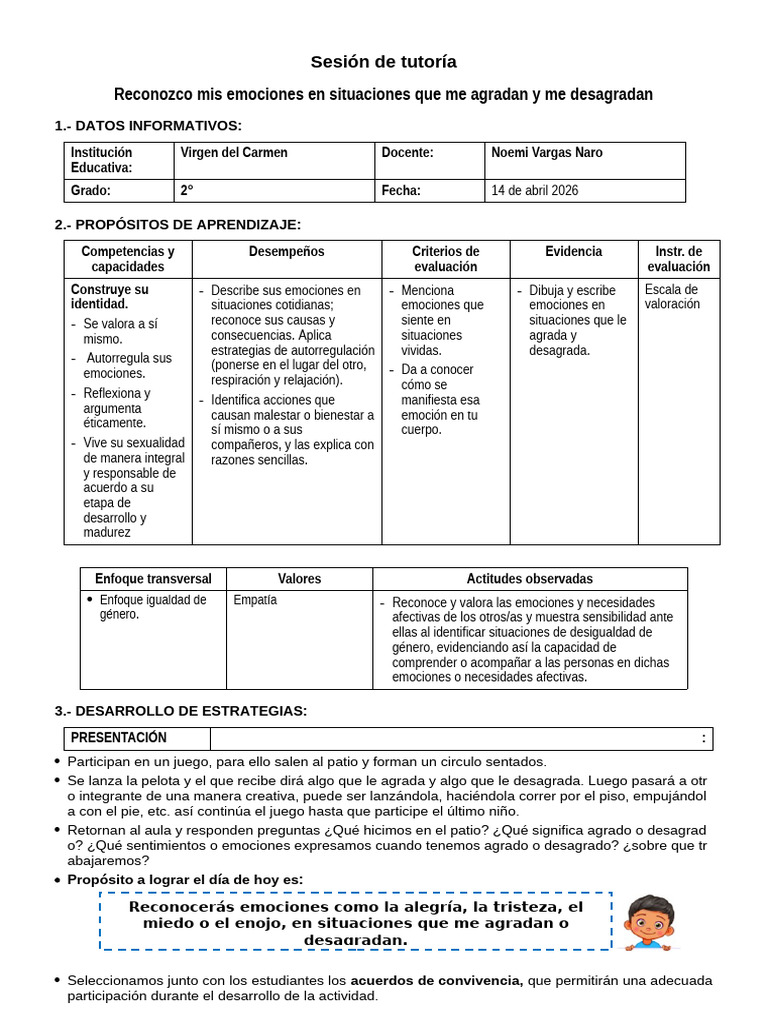 Sesión de Tutoría - docxRECONOZCO MIS EMOCIONES 2° | PDF | Las ...