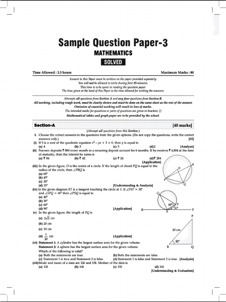 10thmaths Sample Paper | PDF | Area | Circle
