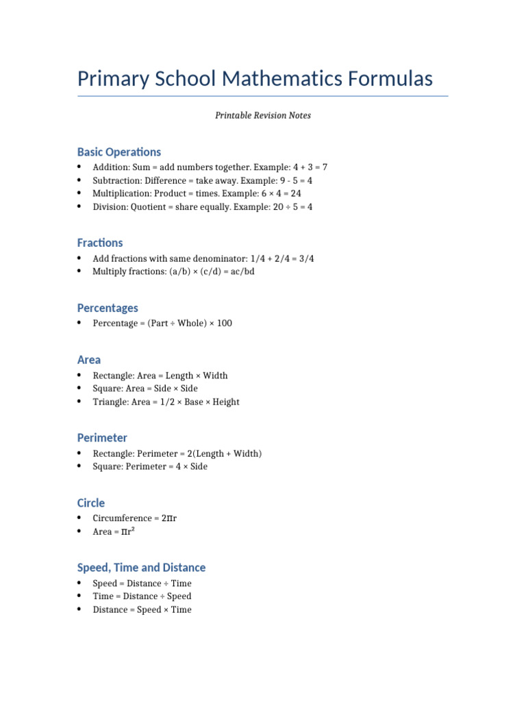 Primary School Mathematics Formulas | PDF