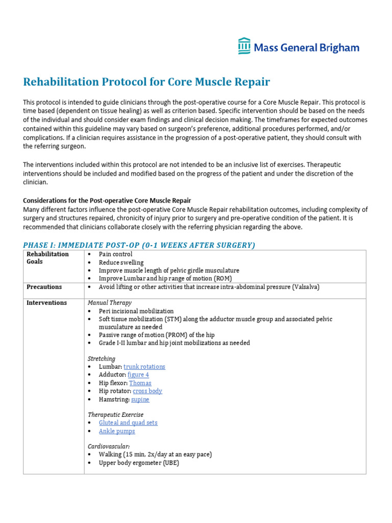 Rehabilitation Protocol for Core Muscle Repair Protocol | PDF ...
