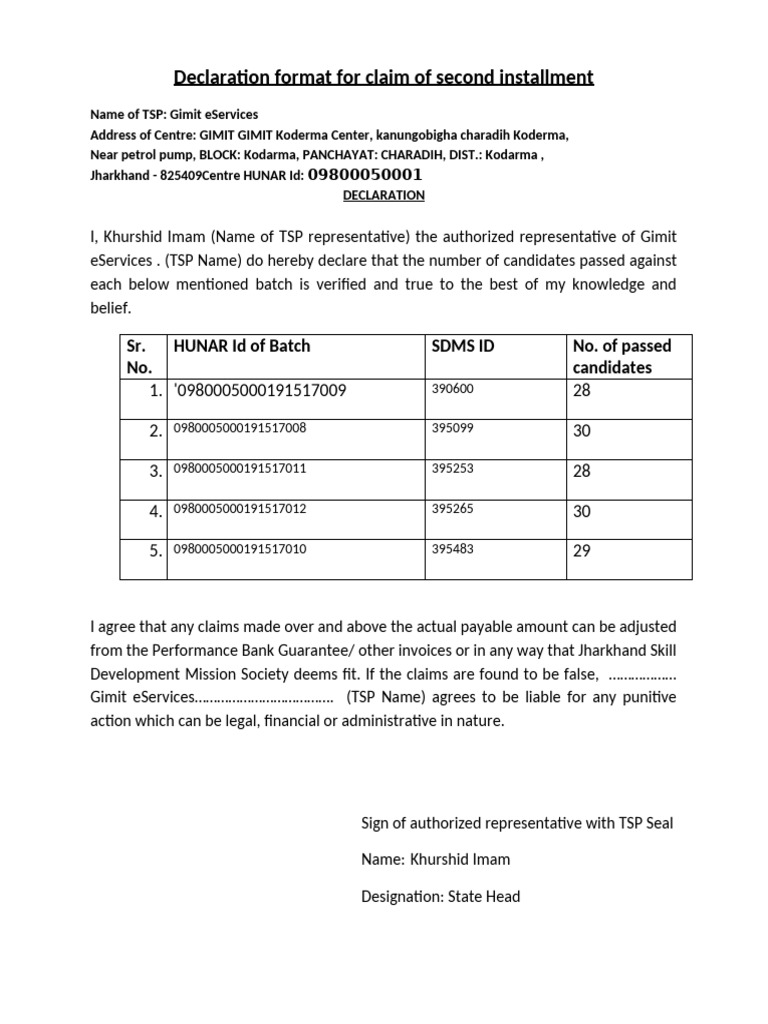Declaration Format for Claim of Second Installment(1) | PDF | Chess ...