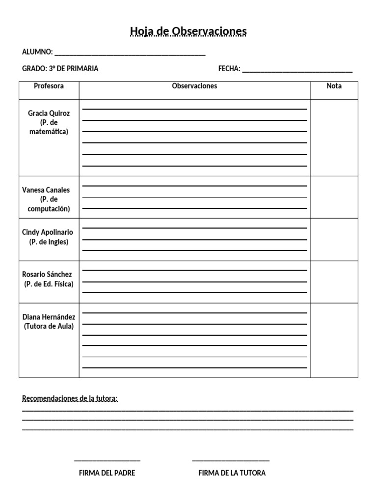 Hoja de Observacion | PDF