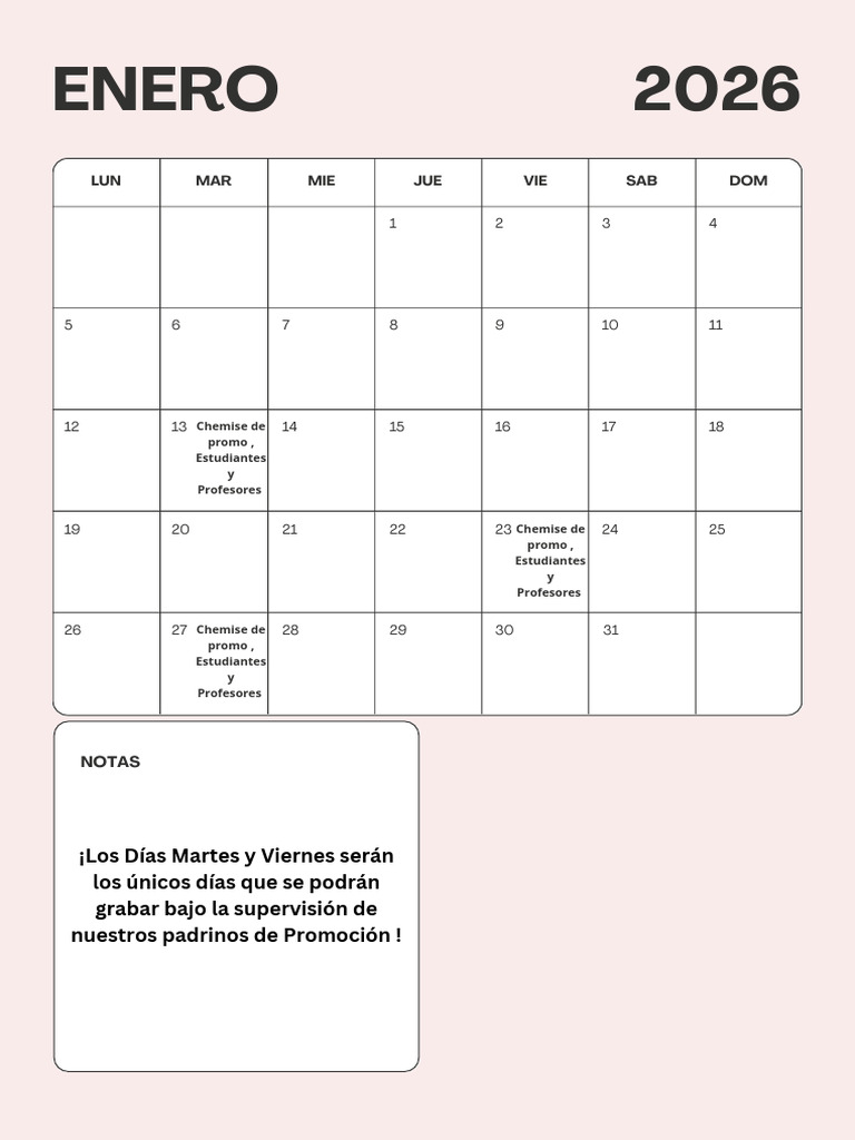 Agenda Calendario Enero 2026 Planificador Mensual Minimalista Rosa | PDF