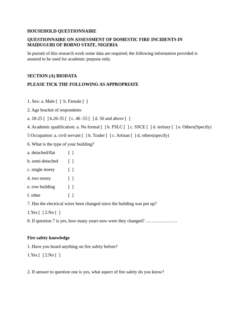 UPDATED QUESTIONNAIRE HOUSEHOLD AND FIRE BGRIGADE | PDF | Fires ...