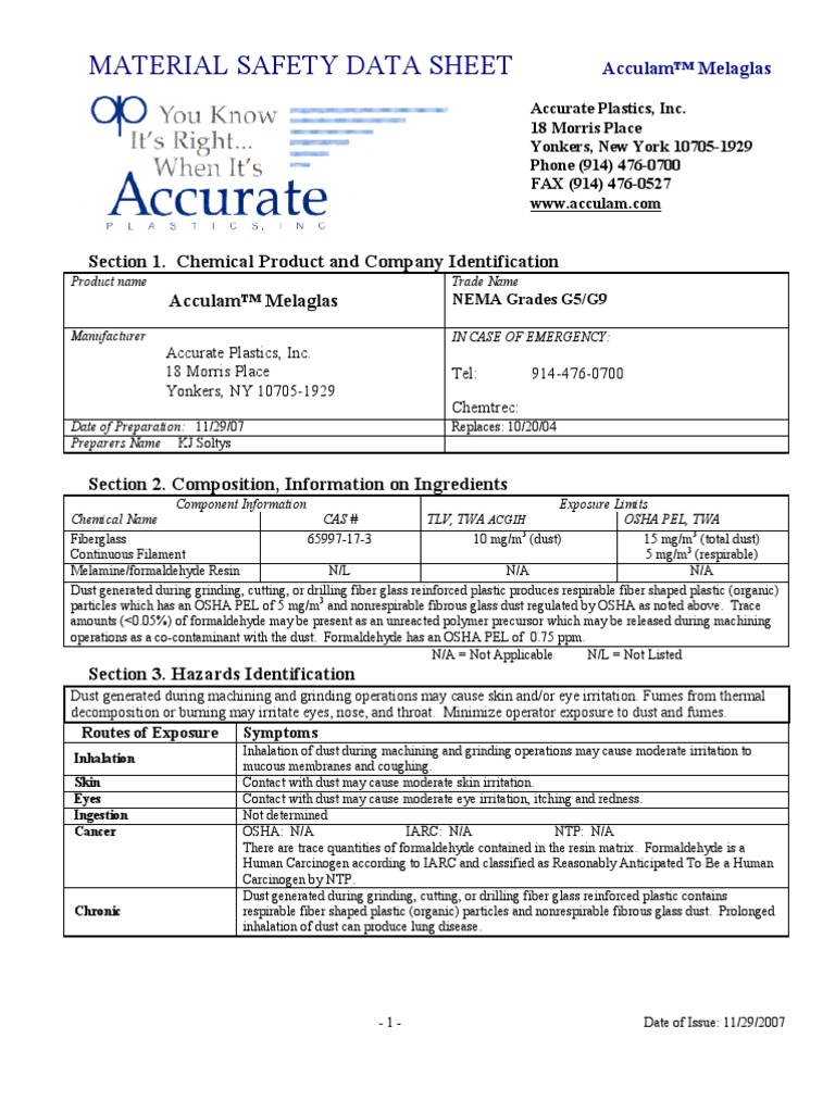MSDSMelaglas Fiberglass Formaldehyde