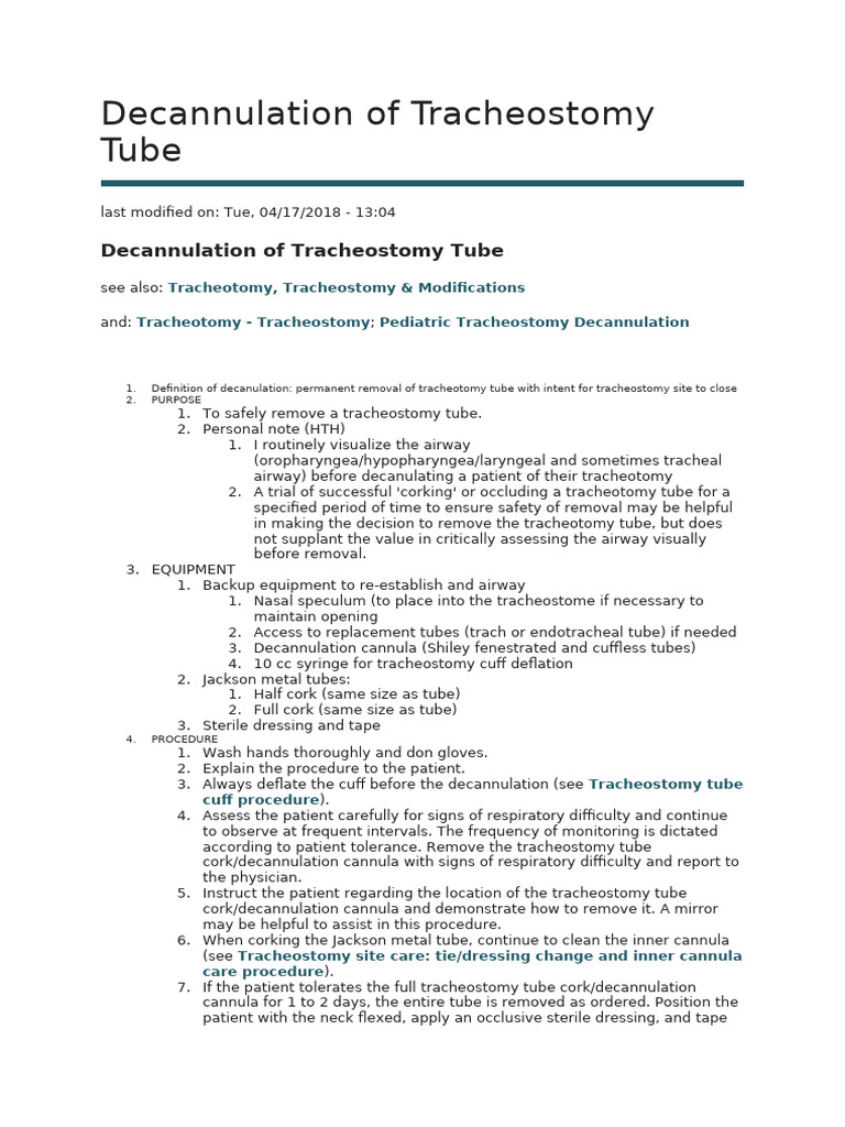 Decannulation of Tracheostomy Tube | PDF | Surgery | First Aid