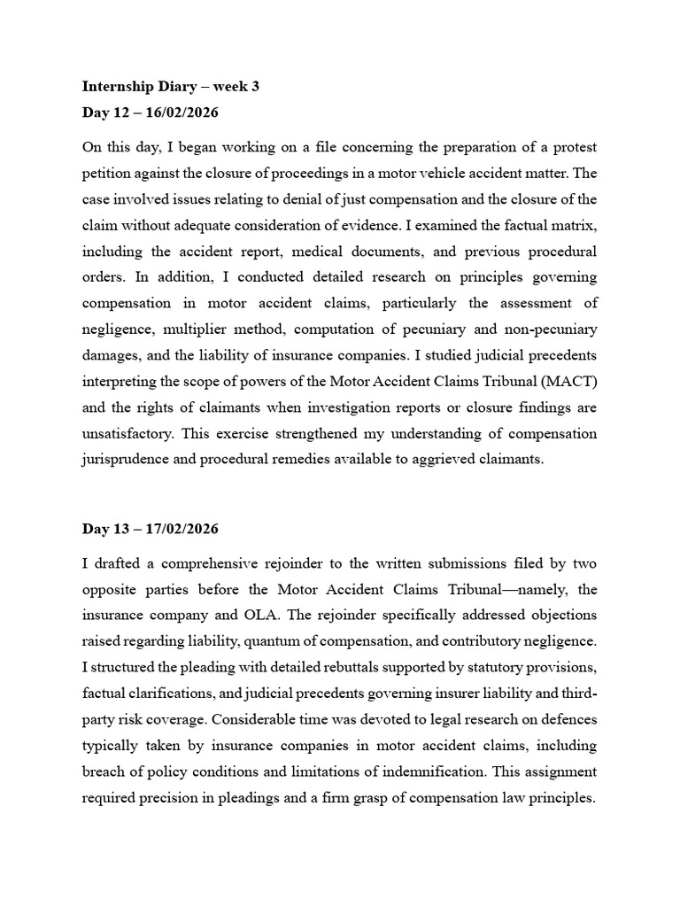 Internship Diary – Week 3 | PDF | Lawsuit | Insurance
