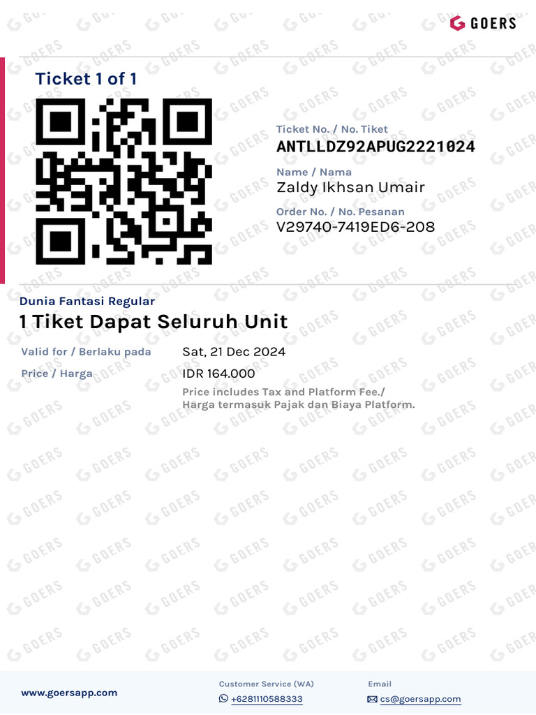 (Venue Ticket) 1 Tiket Dapat Seluruh Unit - Dunia Fantasi Regular ...