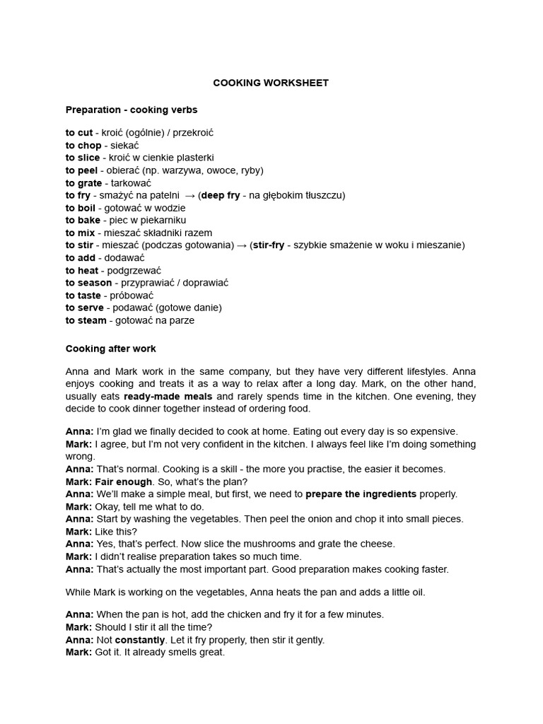 Cooking Worksheet + Extra | PDF | Cooking | Meal