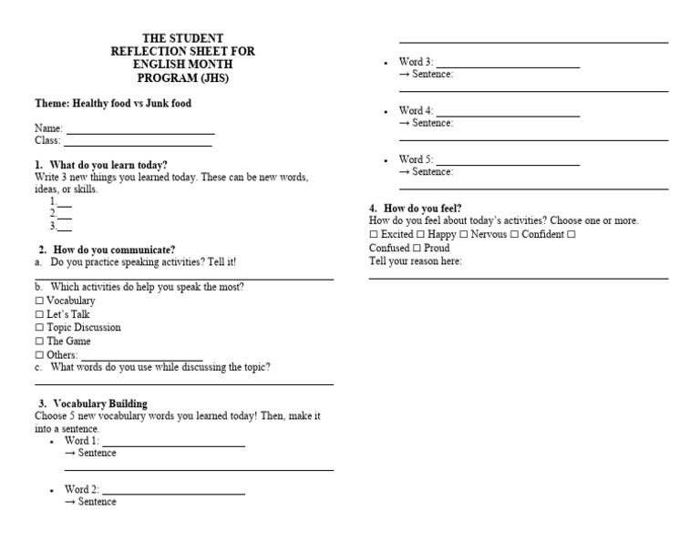 JHS Reflection Sheet Edit | PDF