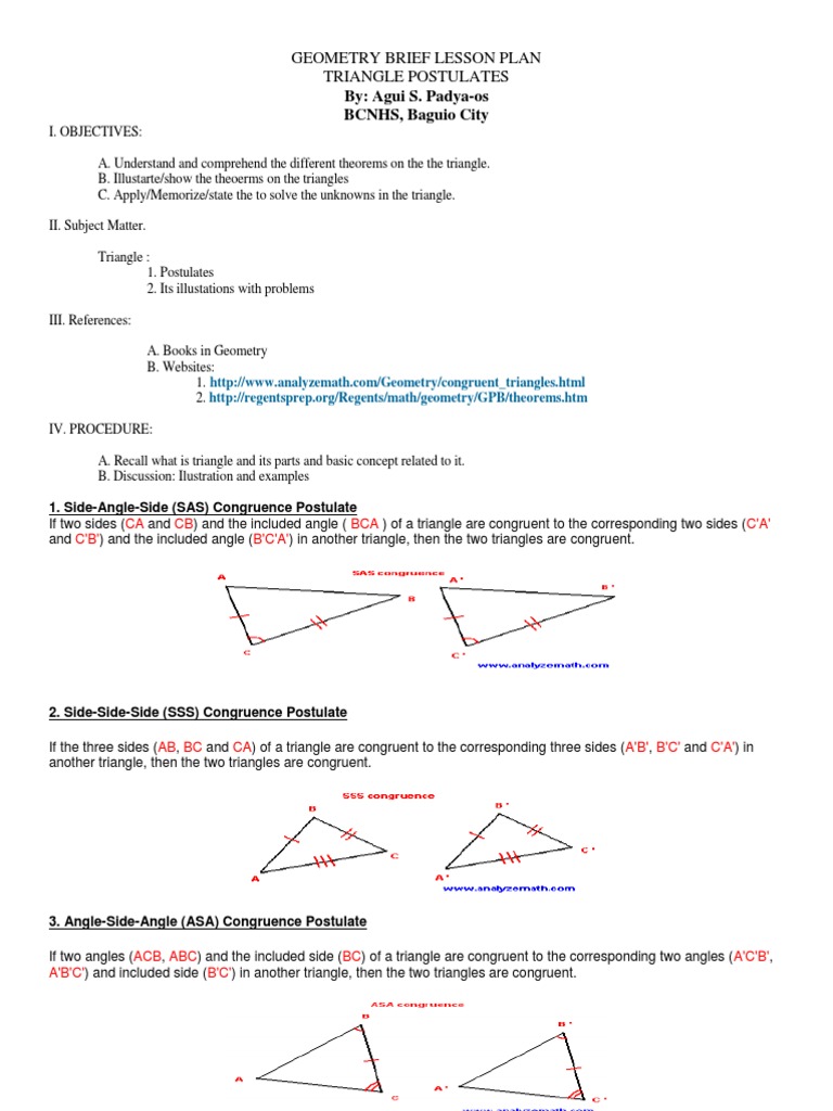 Lesson Plan in Triangle Postulates Triangle Euclidean Geometry