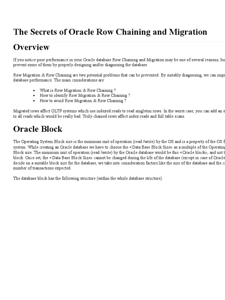 Oracle Row Chaining & Migration Guide | PDF | Database Index | Databases