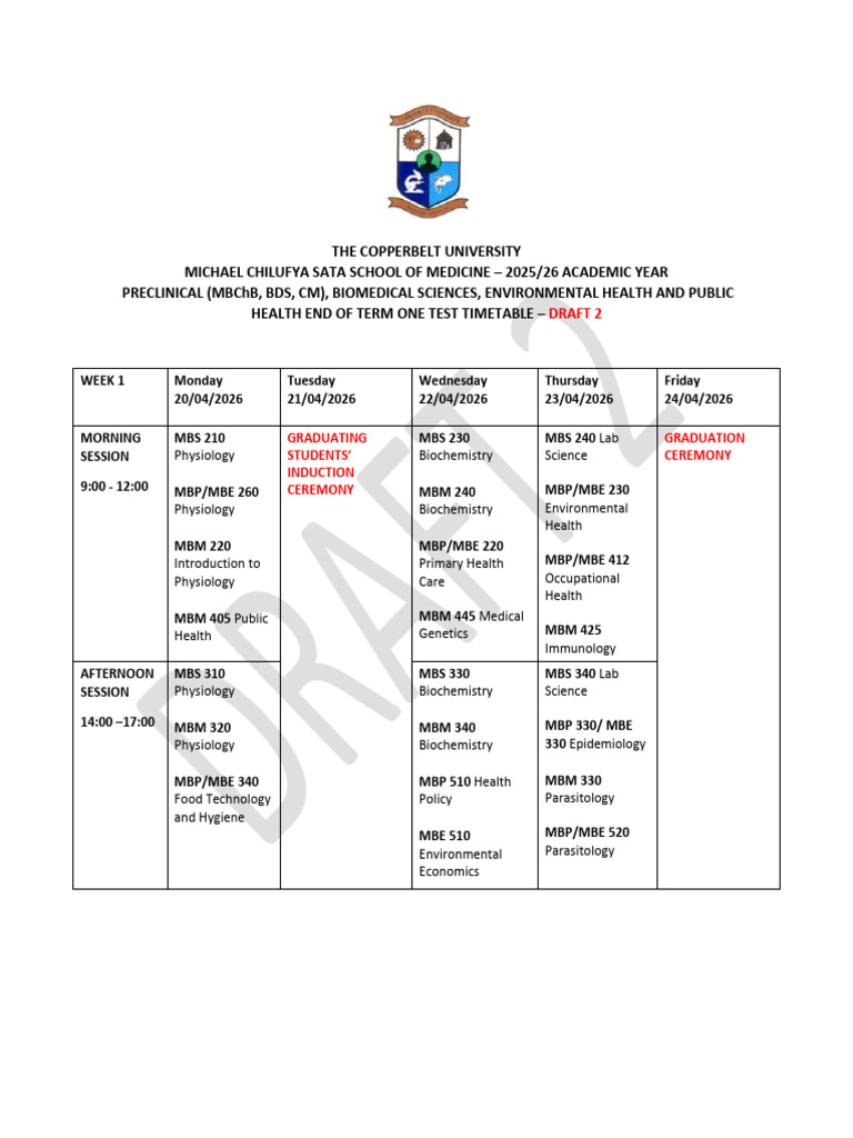 Draft 2 2025-26 Test One Timetable | PDF | Biology | Medicine
