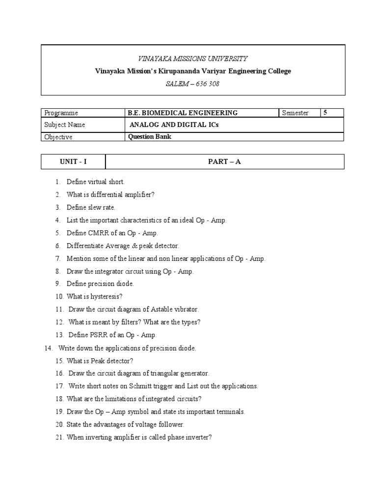 Analog and Digital Integrated Circuit Question Bank PDF Analog To