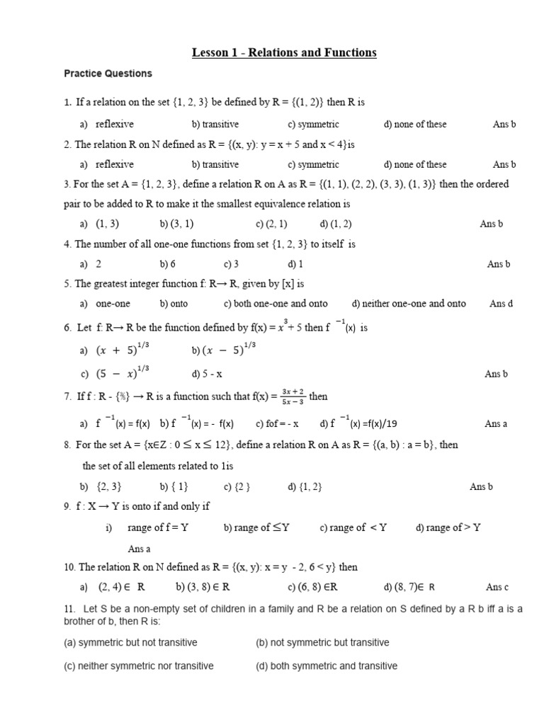 Worksheet 1 Relations and Functions | PDF