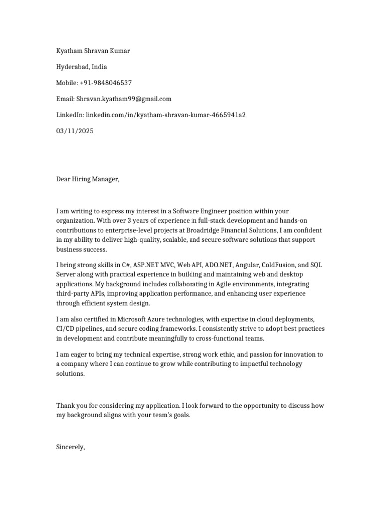 Cover Letter Shravan Kumar | PDF