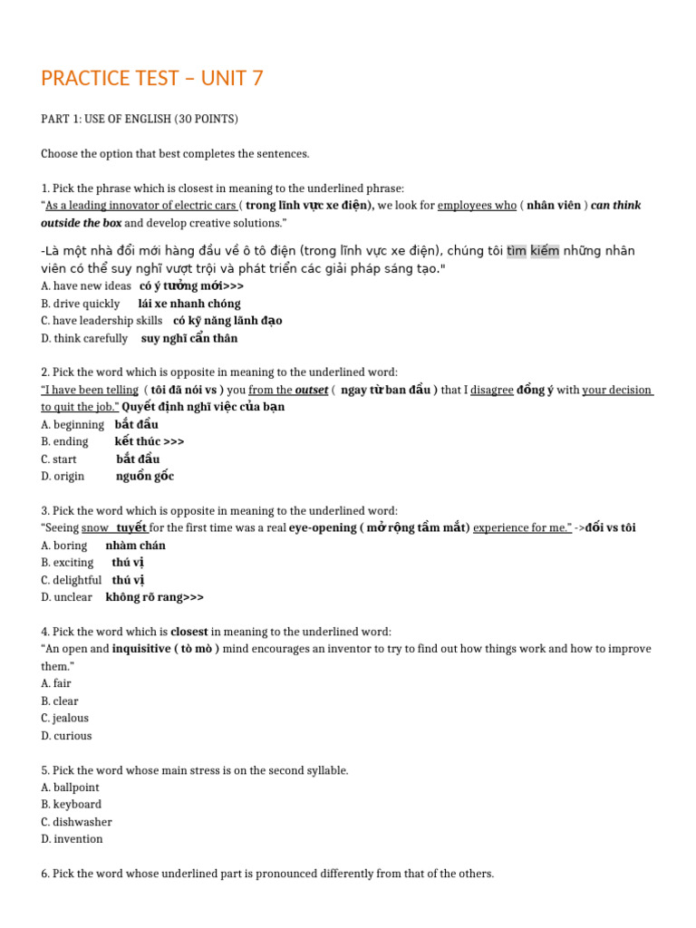 Practice Test Unit 7 FULL | PDF | Invention | Telephone