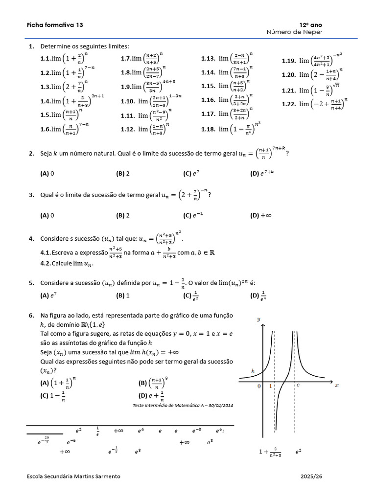 Ficha 13 - Limite Notável (Número de Neper) | PDF | Relações ...