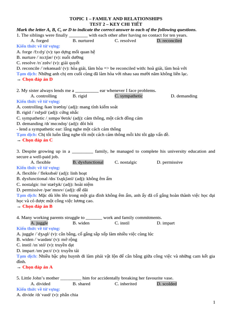 6. Topic 1 - Test 2 - Key Chi Tiết | PDF