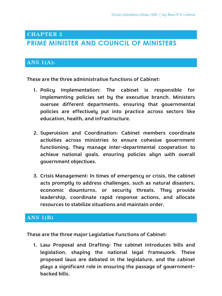 Civics Class10th Chapter 3 Solution | PDF | Cabinet (Government) | Policy