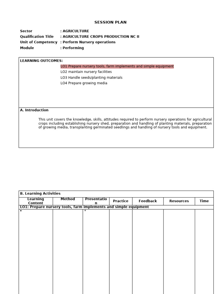 Tmc Level1 Session Plan | PDF | Plant Nursery | Plants