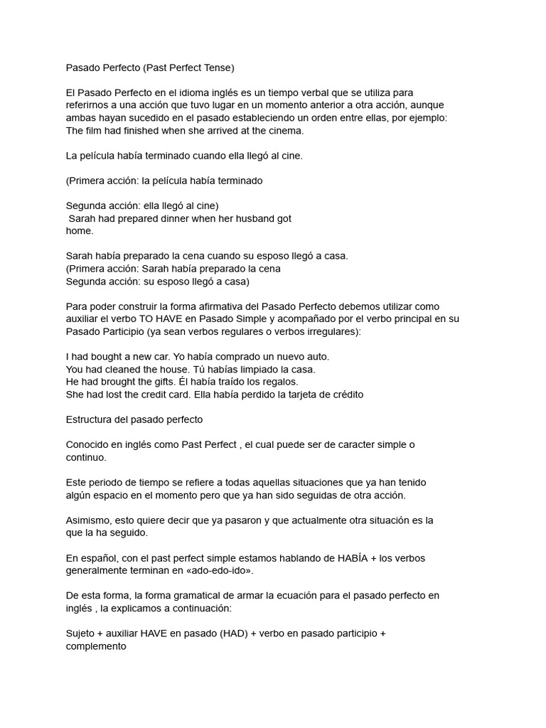 Pasado Perfecto (Past Perfect Tense) | PDF | Verbo | Asunto (gramática)