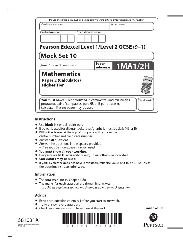 GCSE Maths Mock Set 10 1MA1 - 2H Question Paper | PDF | Mathematics