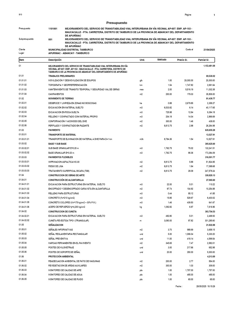 4.3 Presupuesto de Obra | PDF | Transporte por carretera | Transporte ...