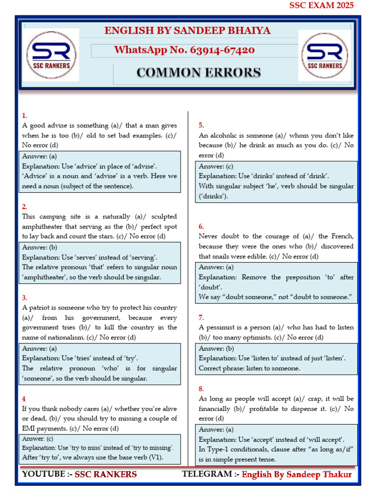 Top 100 Errors Printable | PDF | Verb | Plural