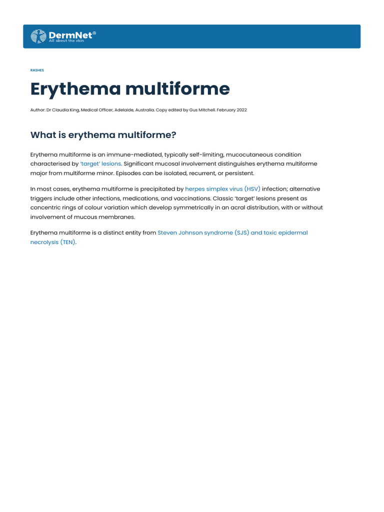 Erythema Multiforme - DermNet | PDF | Cutaneous Conditions | Medicine