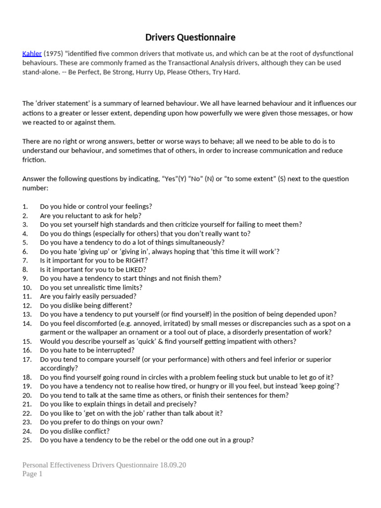 1.4 Kahlers Drivers Questionnaire | PDF | Cognition | Social Psychology