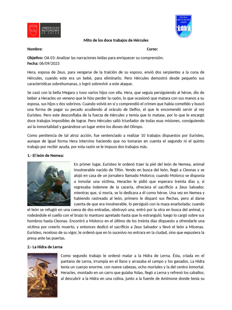 Mito de Los Doce Trabajos de Hércules | PDF | Argonautas | Mitología griega