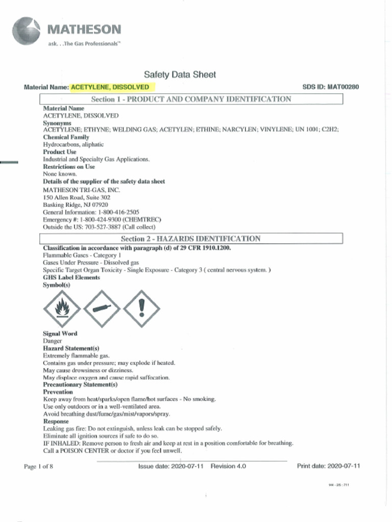 Acetylene, Dissolved SDS | PDF
