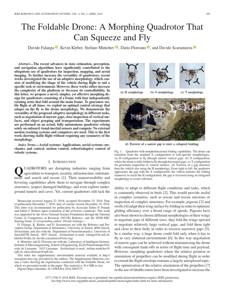 The Foldable Drone a Morphing Quadrotor That Can Squeeze and Fly | PDF ...