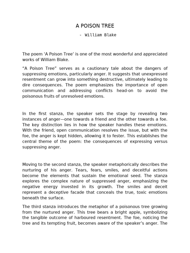 A POISON TREE - William Blake | PDF | Anger | Emotions