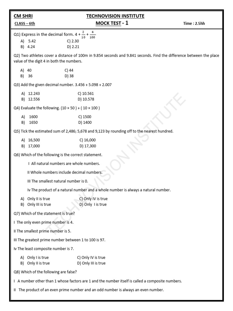 CM SHRI 6th Mock Test | PDF | Division (Mathematics) | Numbers
