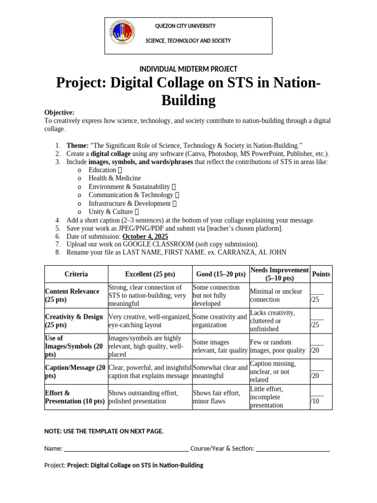 Digital Collage on STS in Nation Building Midterm Project Template | PDF