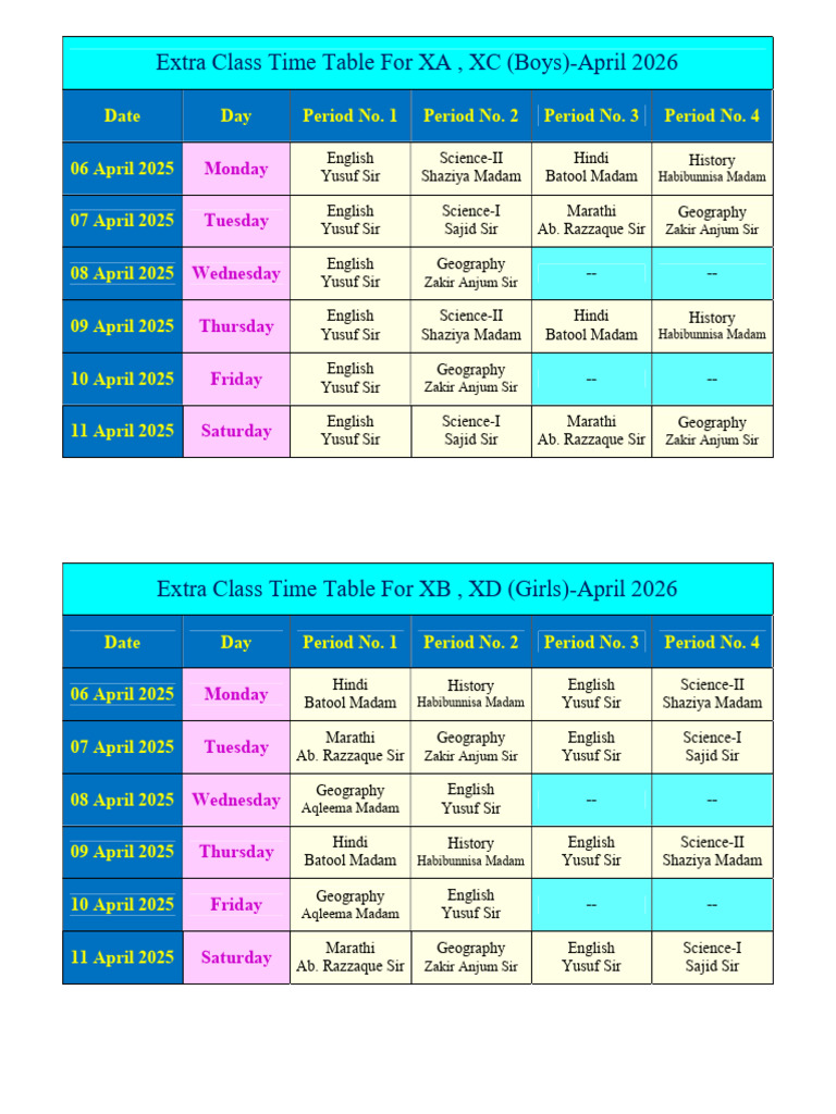 Extra Period Time Table From 06 April 2026 To 11 April 2026 (STD X) | PDF