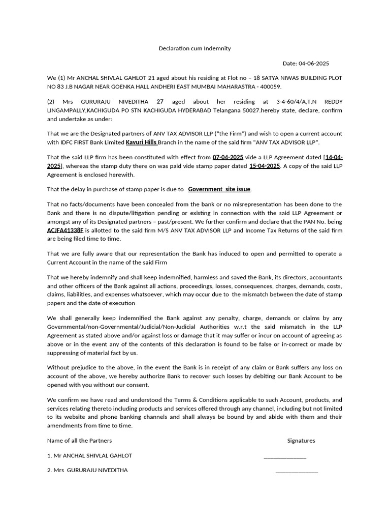 Stamp Paper Purchased Later - Partnership or LLP (1) | PDF | Indemnity ...