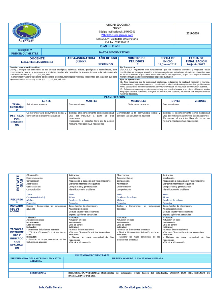 Plan de Clase Diario 2017-2018 | PDF | Aprendizaje | Maestros