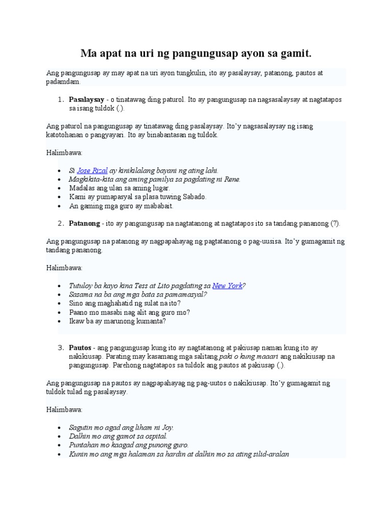 Uri ng pangungusap worksheet grade 1 pdf