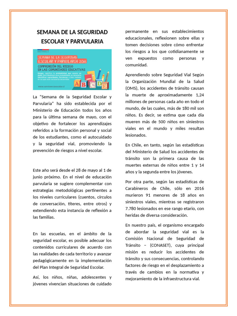 Semana de La Seguridad Escolar y Parvularia | PDF | Peatonal ...