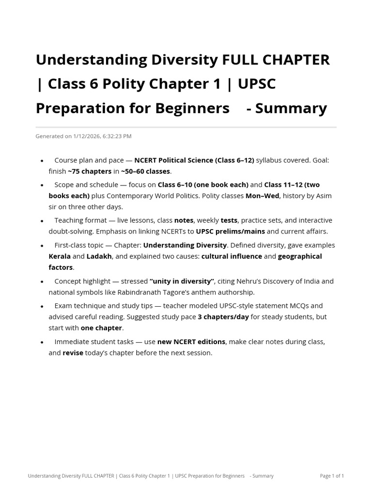 Understanding Diversity Full Chapter Class 6 Pol 2026-01-12 | PDF